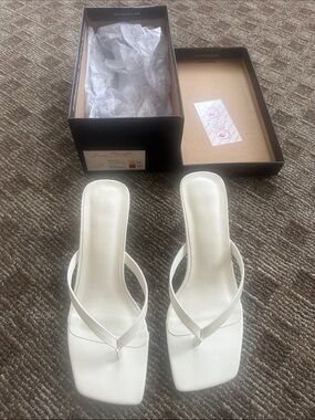 Anne Michelle Cream Square-Toe Thong Mules